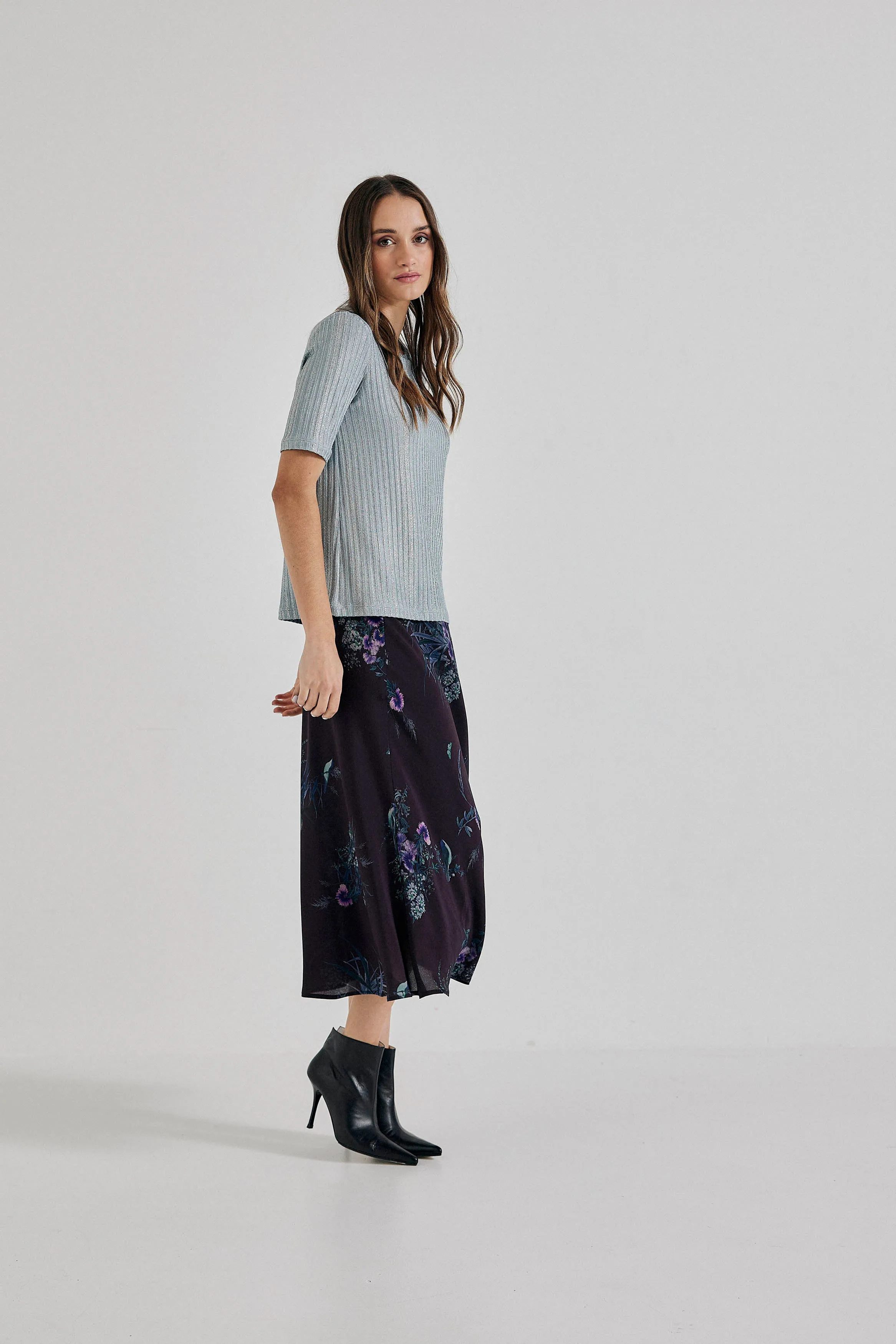 Duchess Midi Skirt in Plum Bird/Fleur Silk