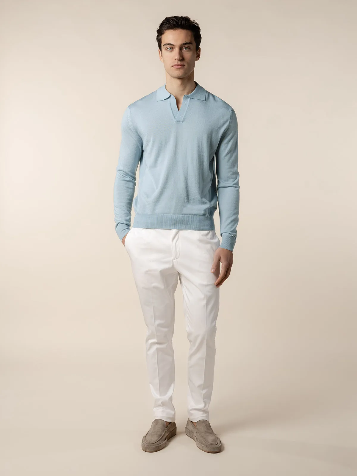Extrafine Merino Buttonless Polo Cool Blue