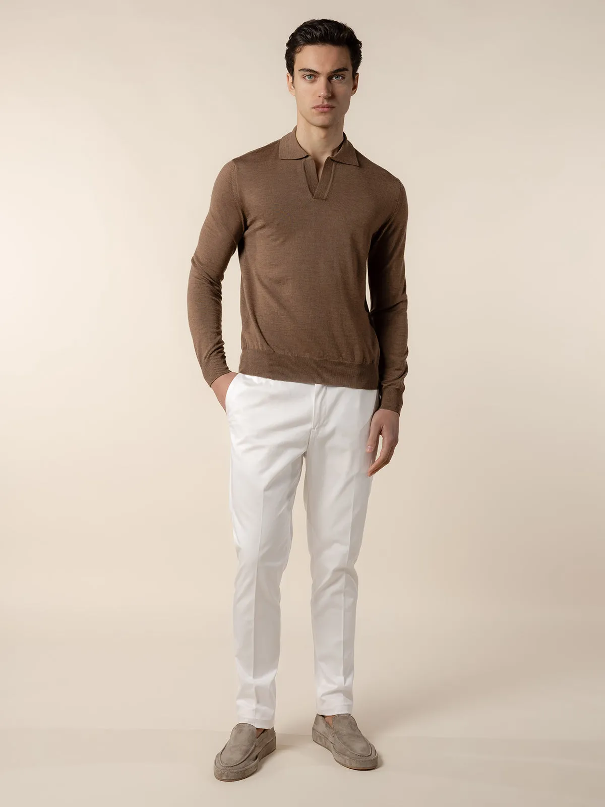 Extrafine Merino Buttonless Polo Golden Brown