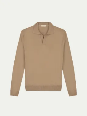 Extrafine Merino Buttonless Polo Hazelnut