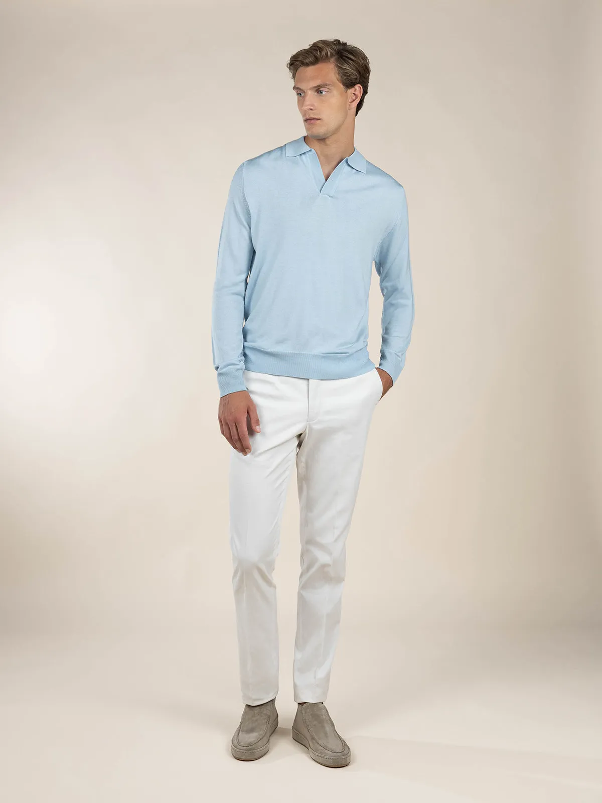 Extrafine Merino Buttonless Polo Light Blue