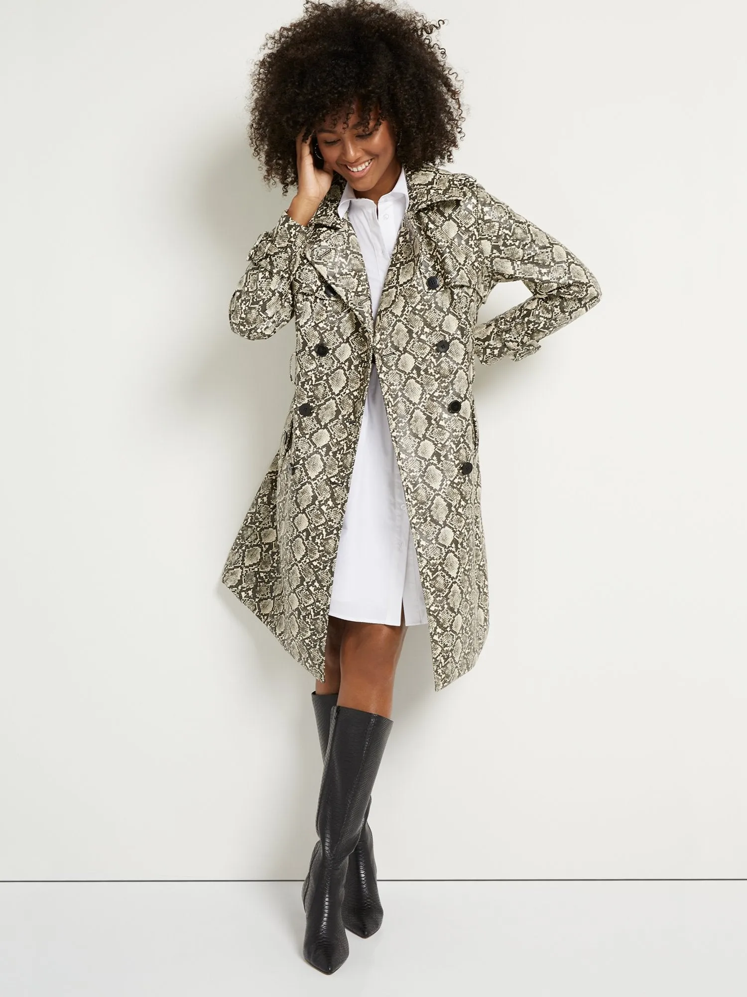 Faux-Leather Snake-Print Trench Coat
