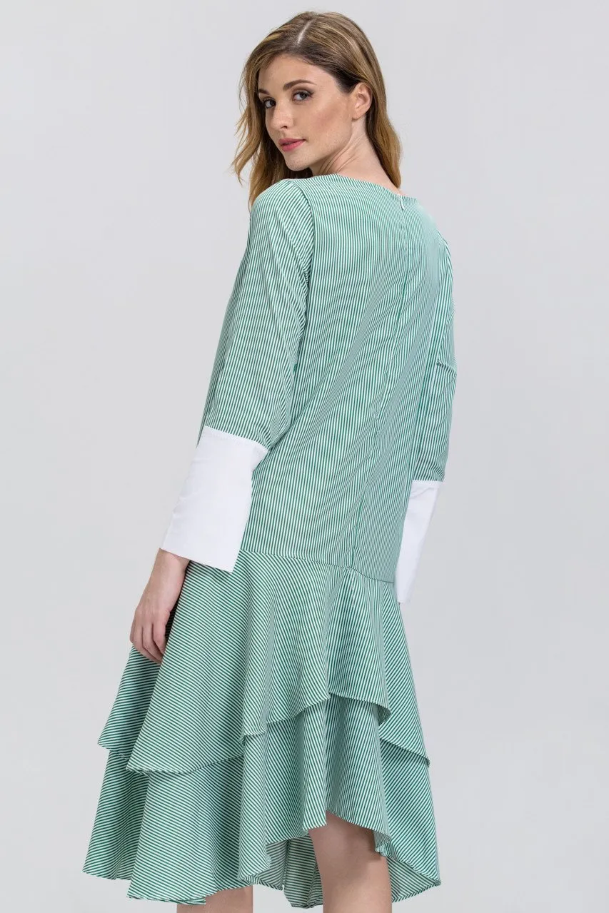 Green Candy Stripe Cuffed Sleeve Ruffle Skirt Midi Dress