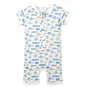 Henley Romper - Skinny Fish On White  100% Pima Cotton