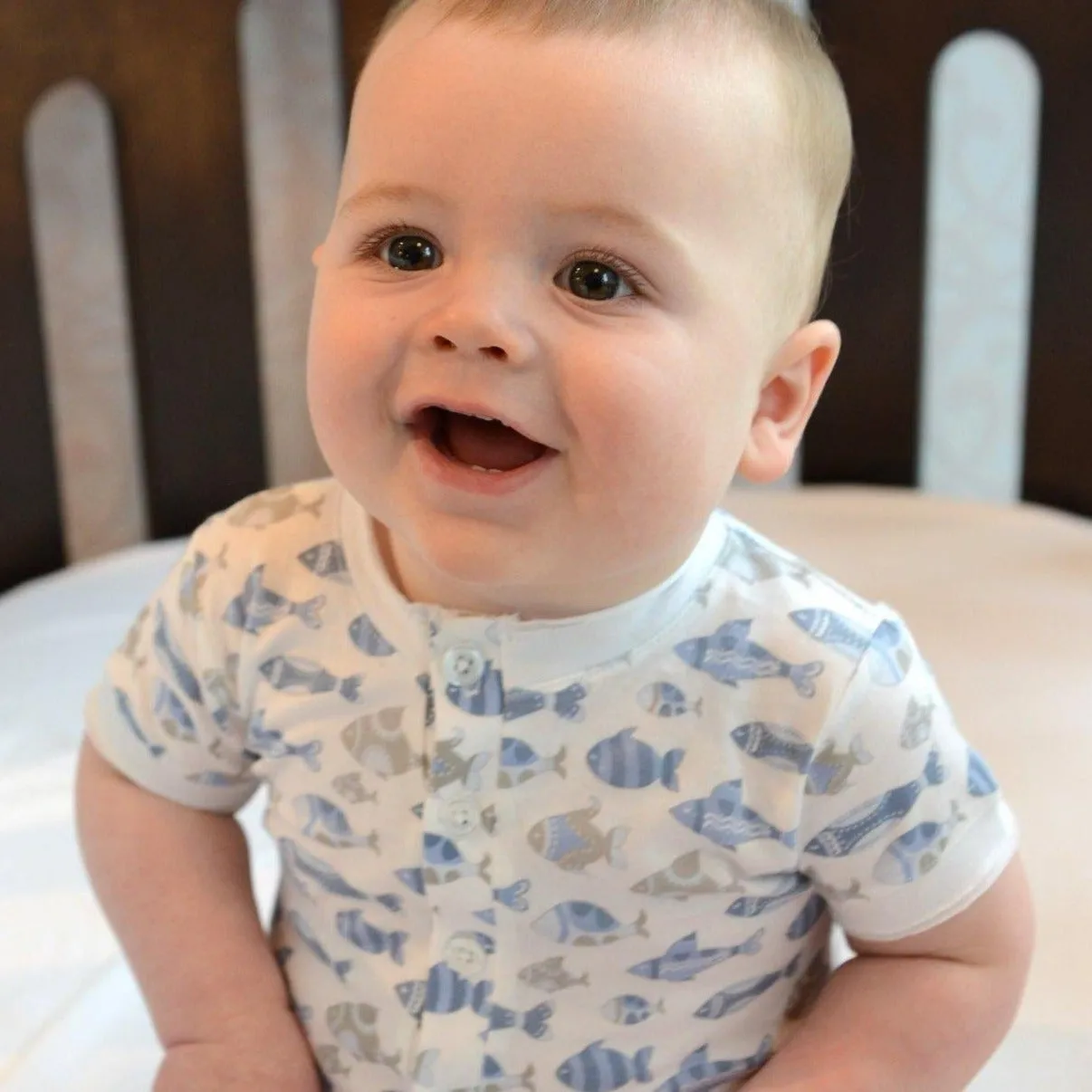 Henley Romper - Skinny Fish On White  100% Pima Cotton