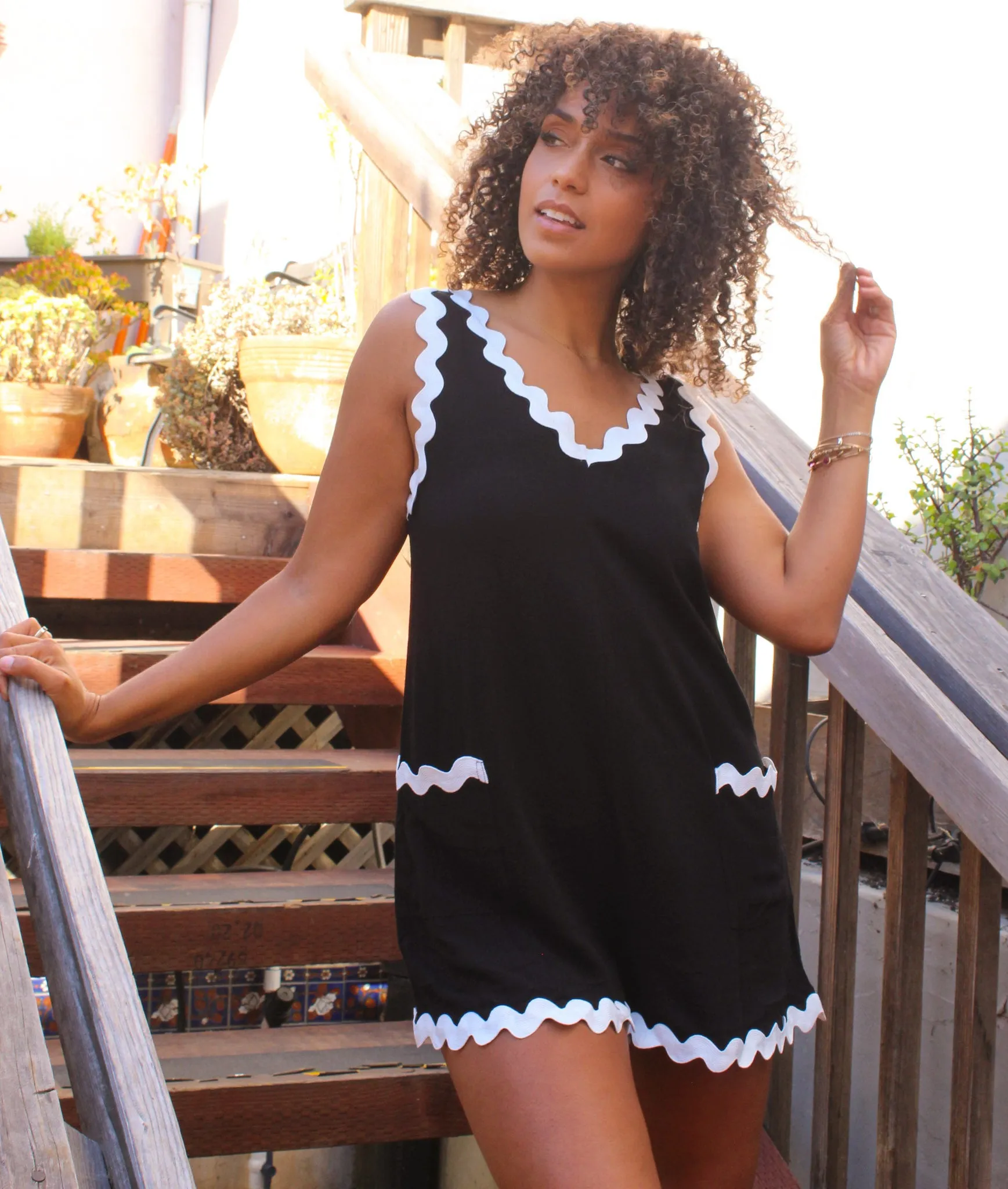 Hey Lover Ric Rac Trim V-Neck Romper - Black/White