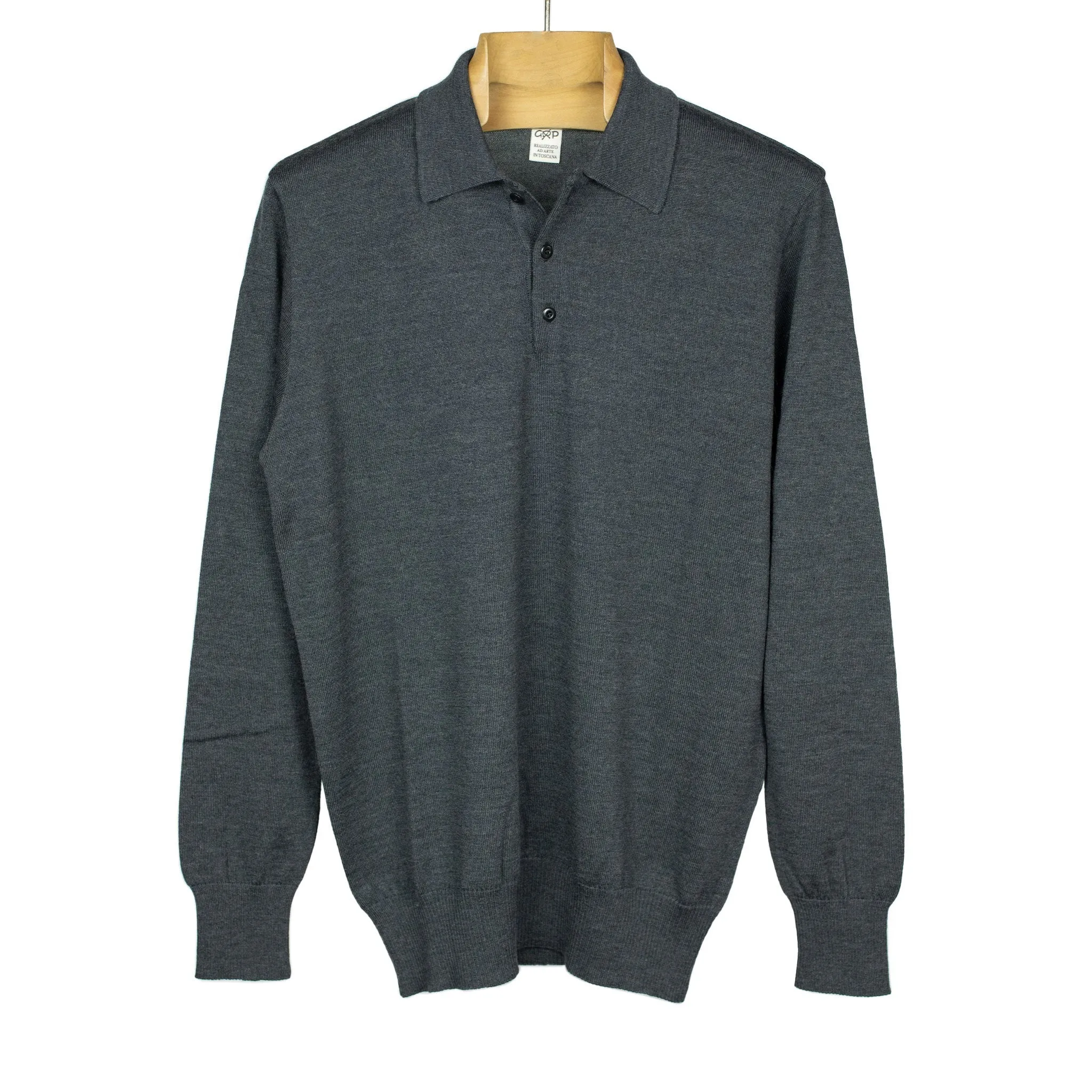 Knit long sleeve polo in charcoal merino wool (restock)