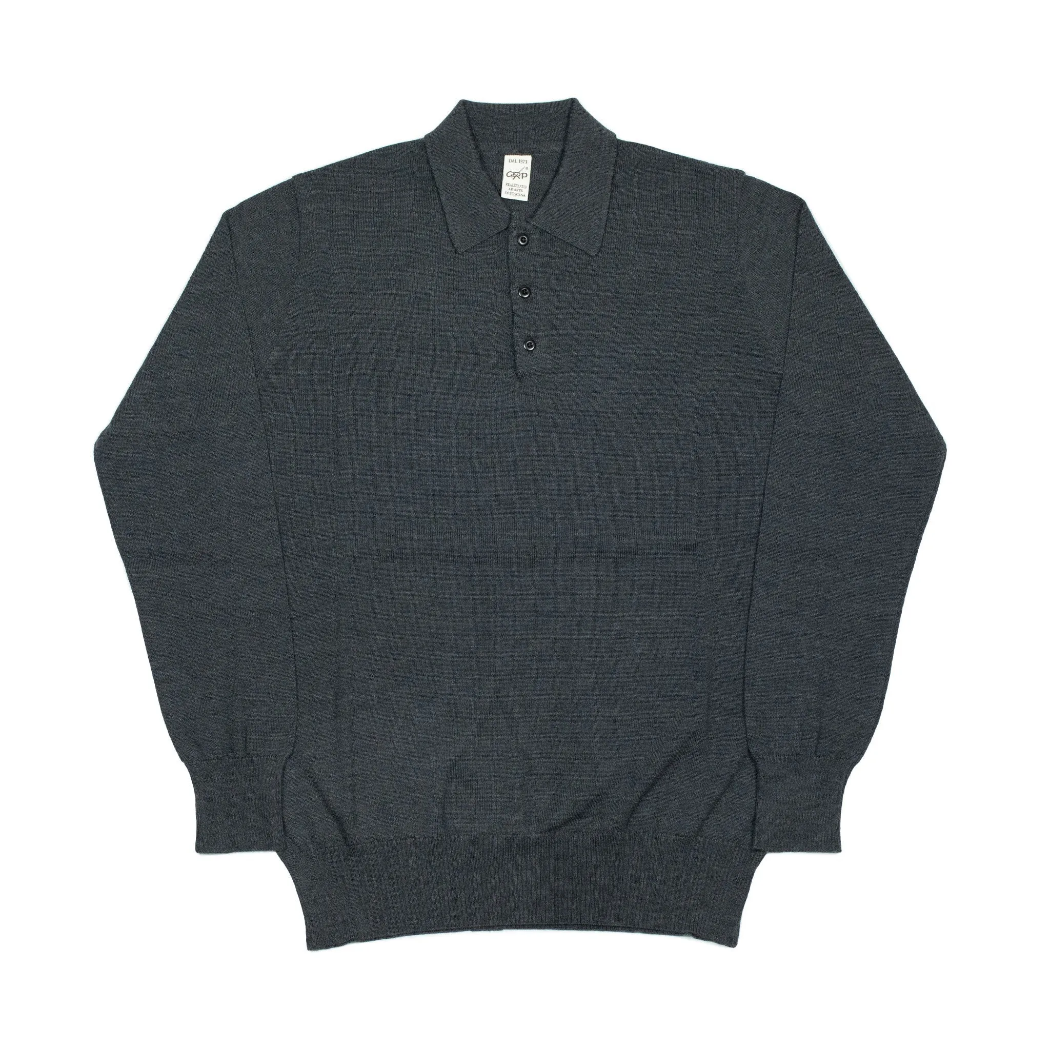 Knit long sleeve polo in charcoal merino wool (restock)