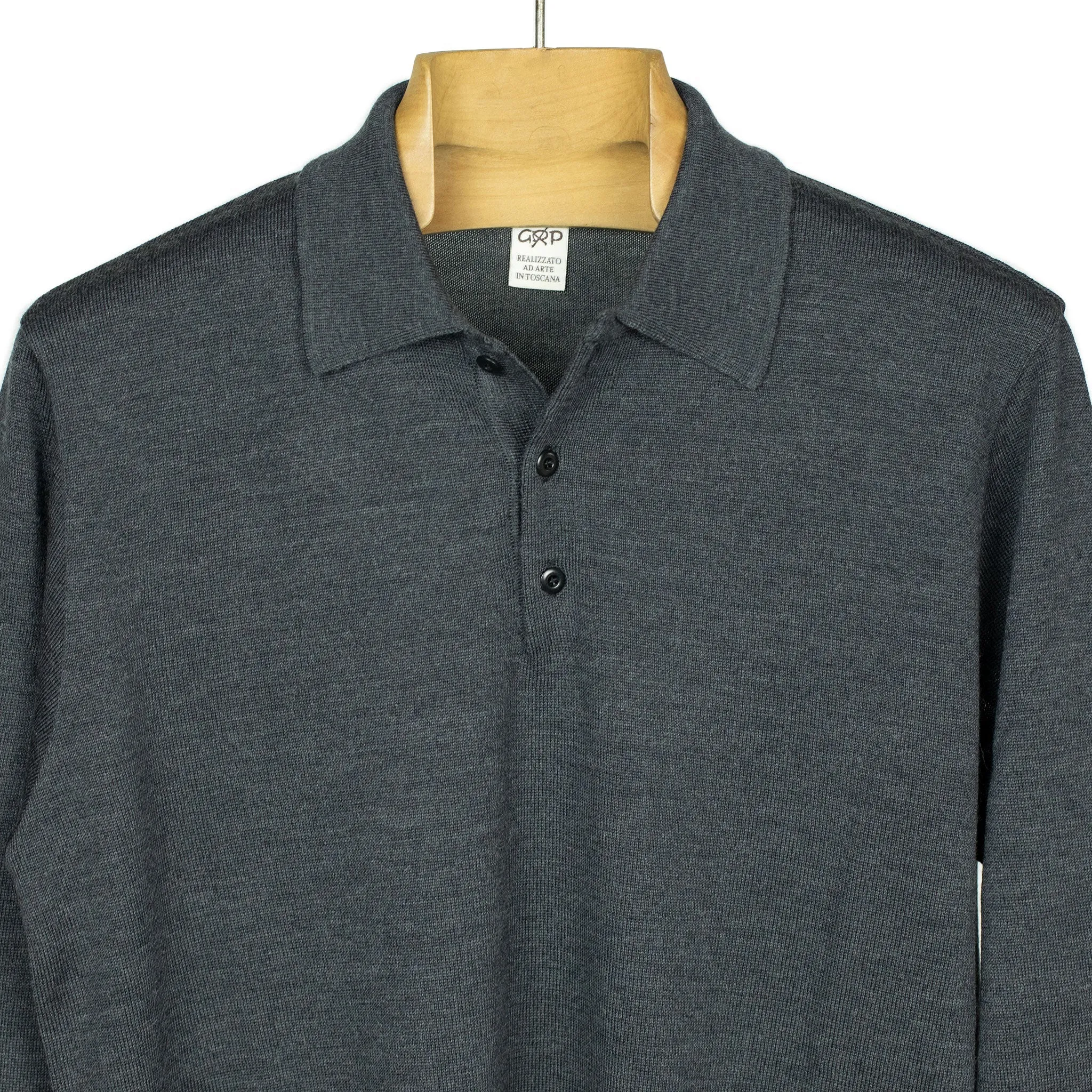 Knit long sleeve polo in charcoal merino wool (restock)