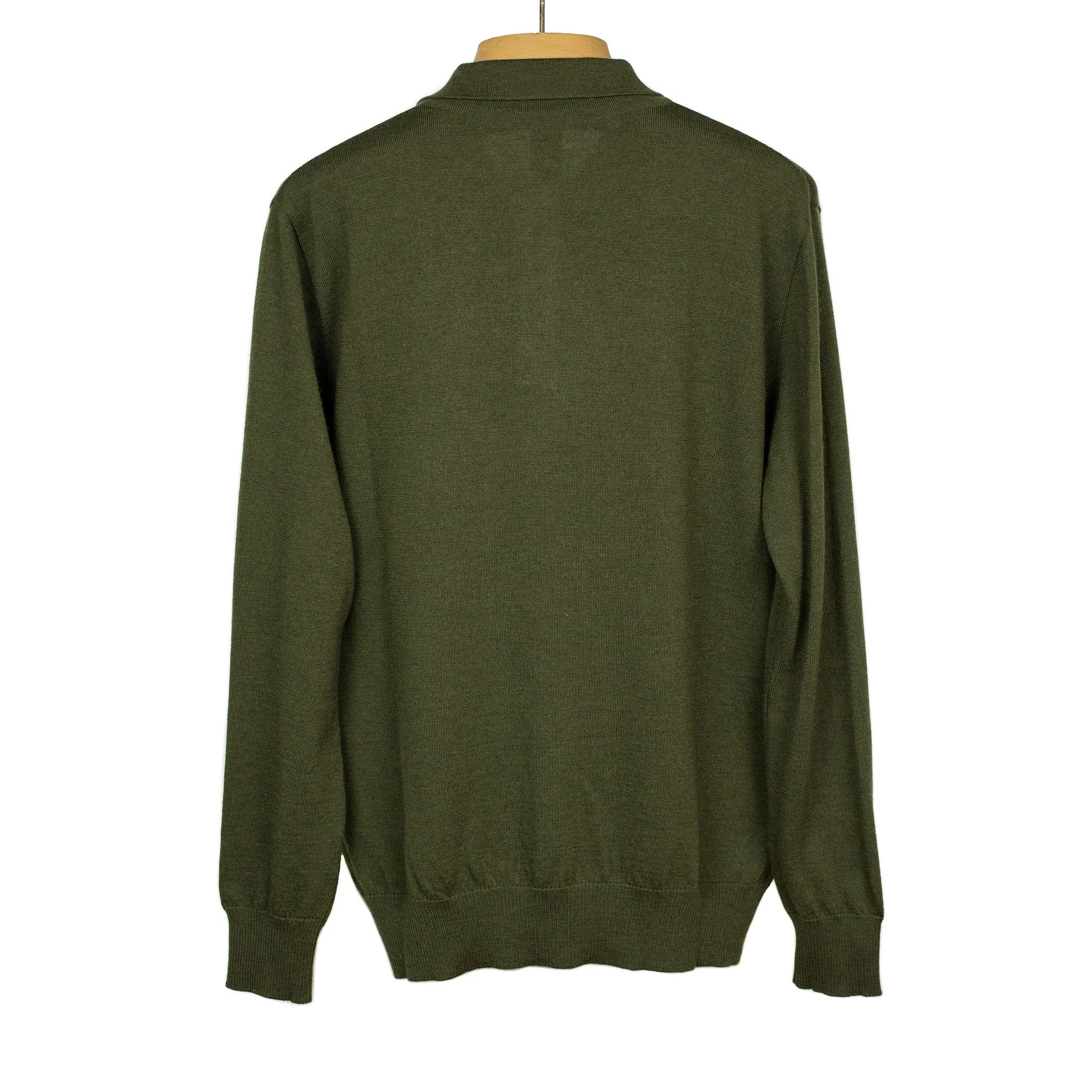 Knit long sleeve polo in dark green merino wool (restock)