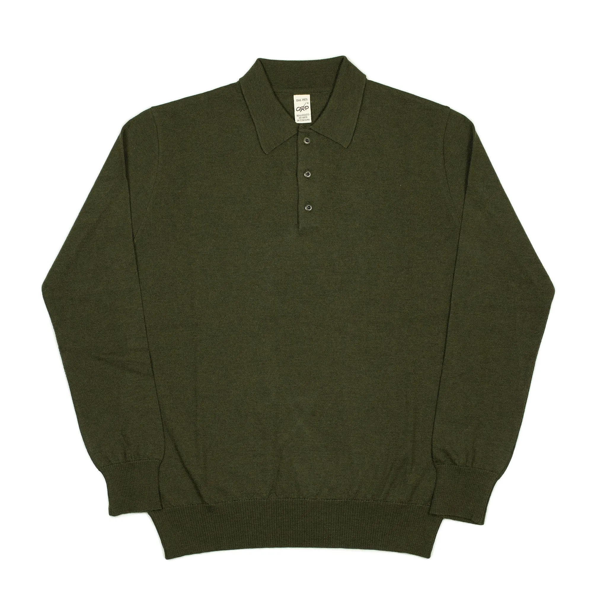 Knit long sleeve polo in dark green merino wool (restock)