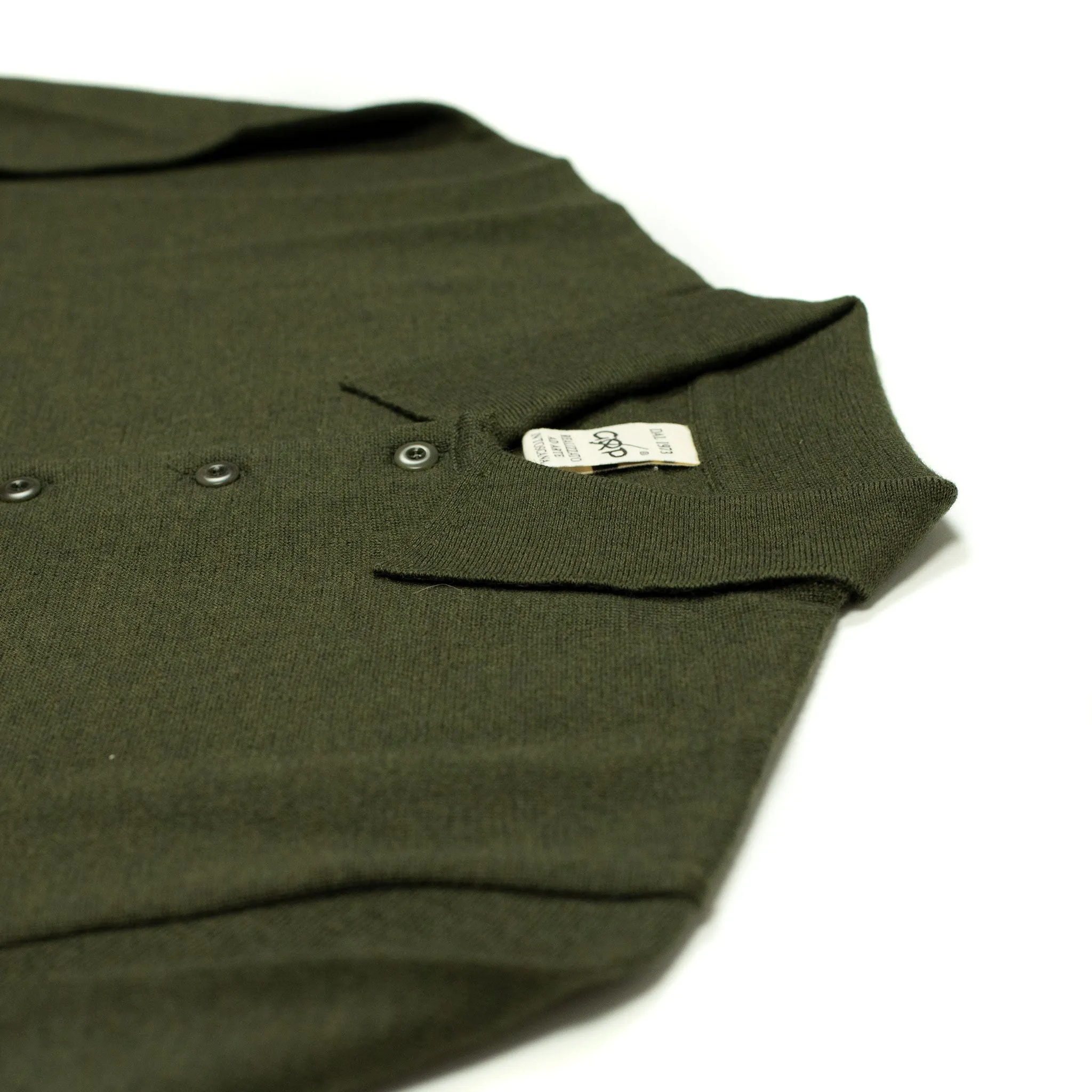 Knit long sleeve polo in dark green merino wool (restock)