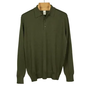 Knit long sleeve polo in dark green merino wool (restock)