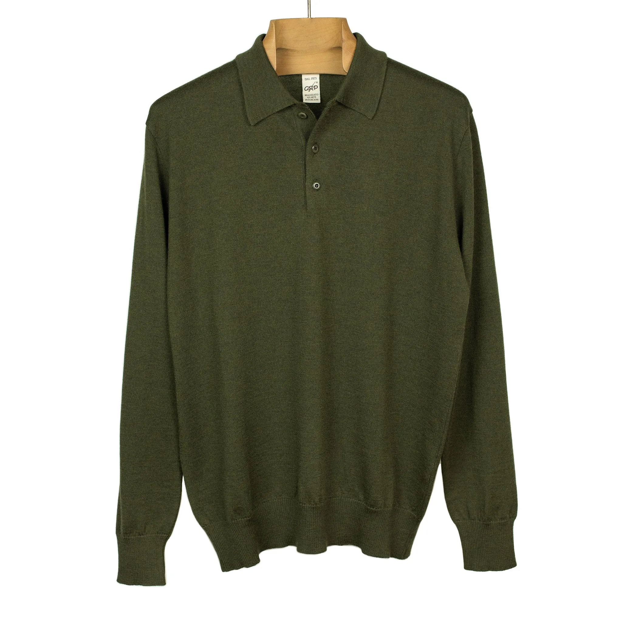 Knit long sleeve polo in dark green merino wool (restock)