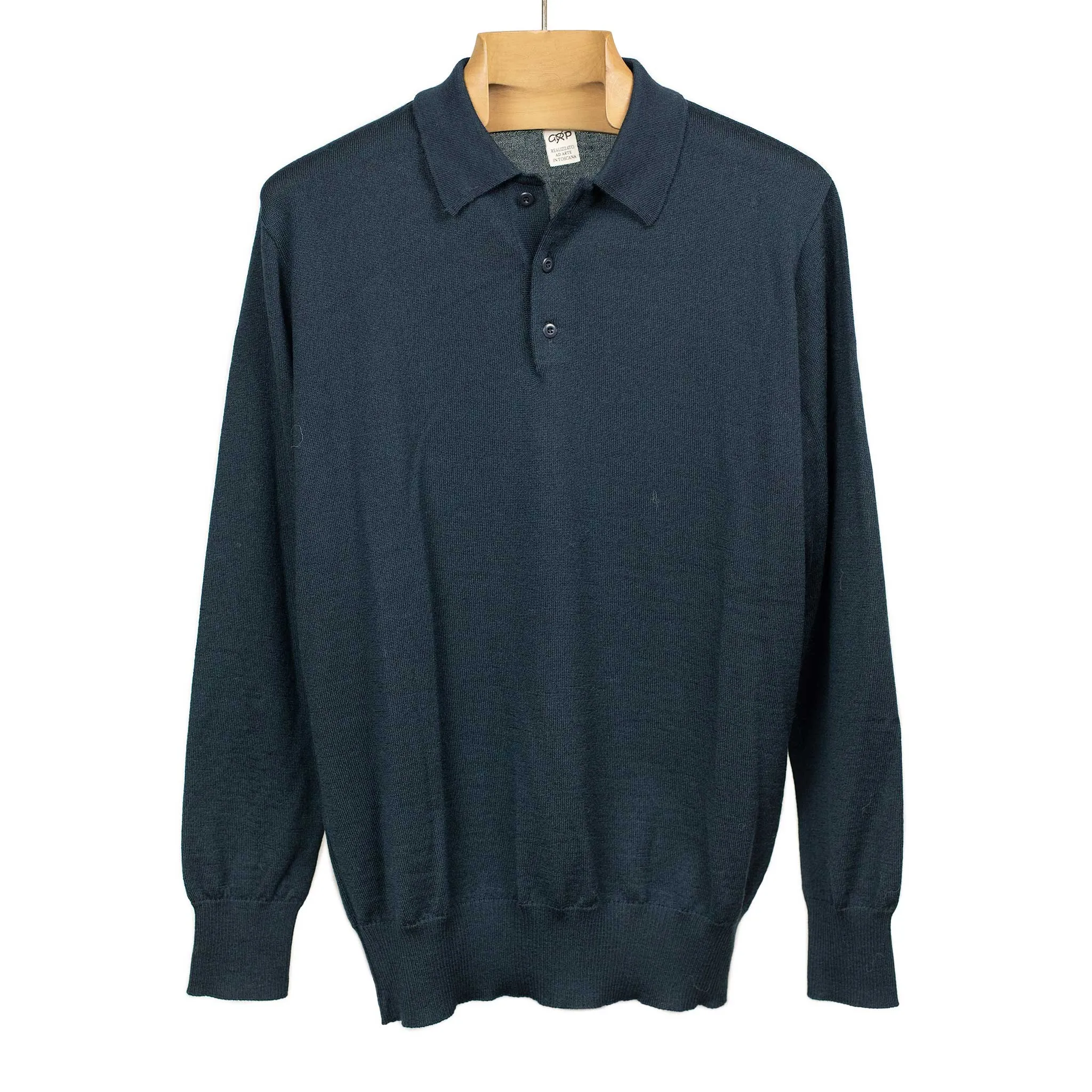 Knit long sleeve polo in petrol melange merino wool