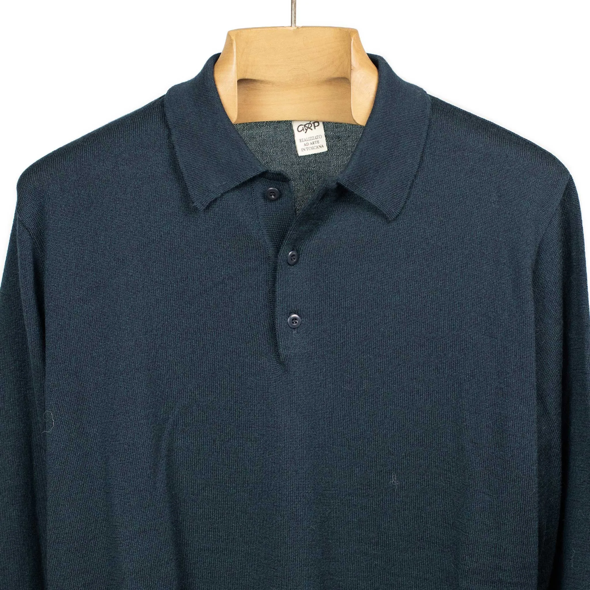 Knit long sleeve polo in petrol melange merino wool