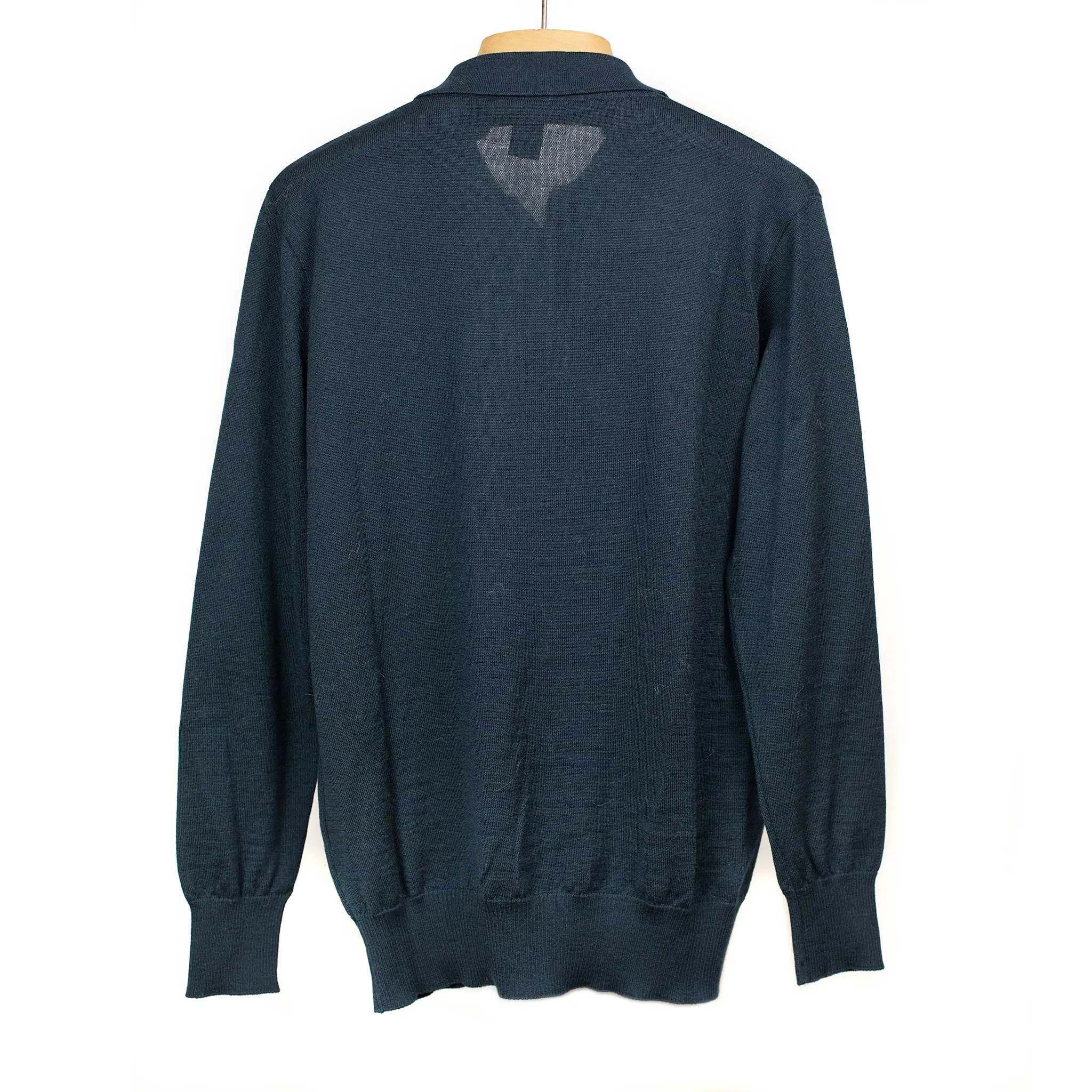 Knit long sleeve polo in petrol melange merino wool