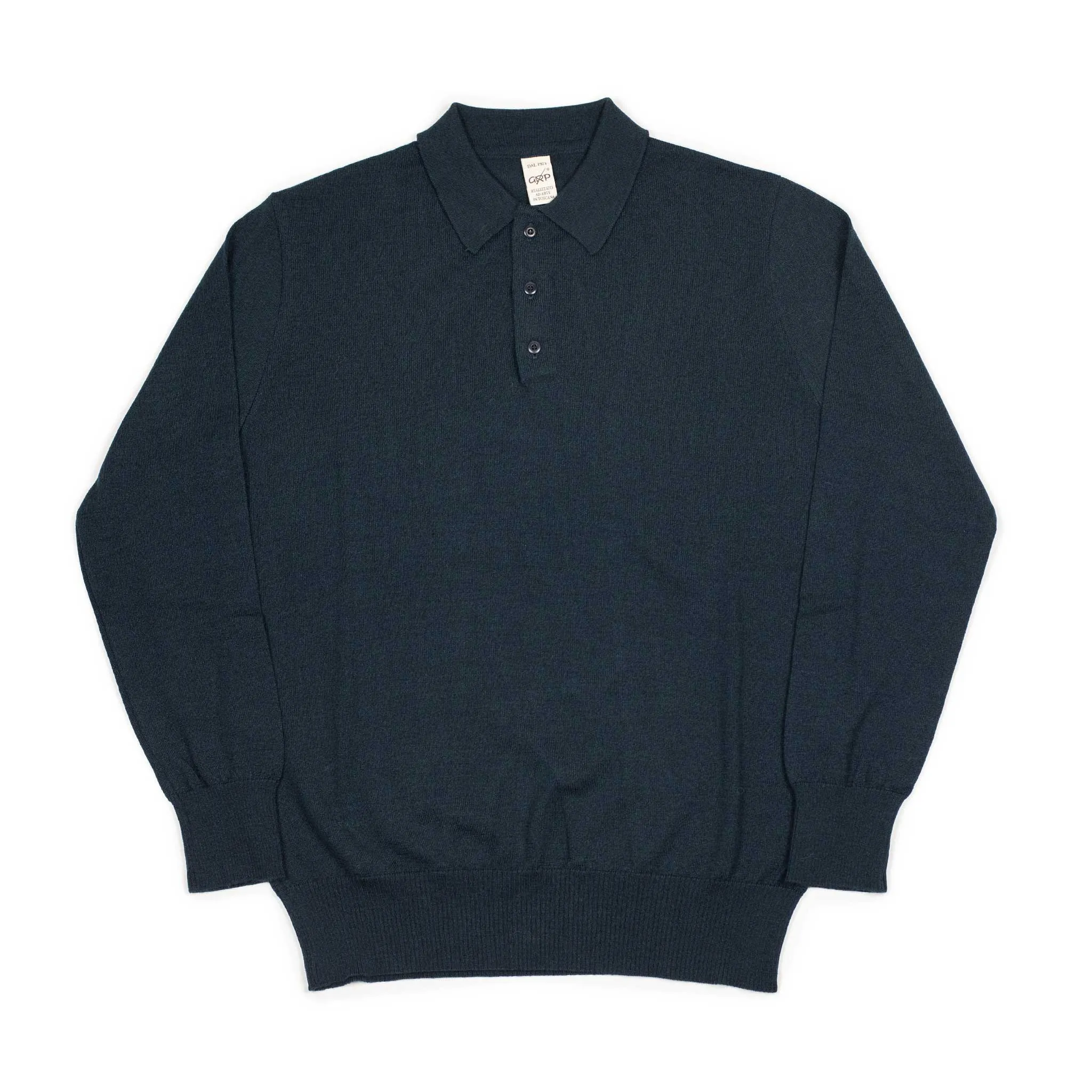 Knit long sleeve polo in petrol melange merino wool