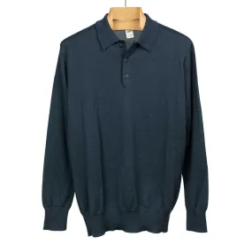Knit long sleeve polo in petrol melange merino wool