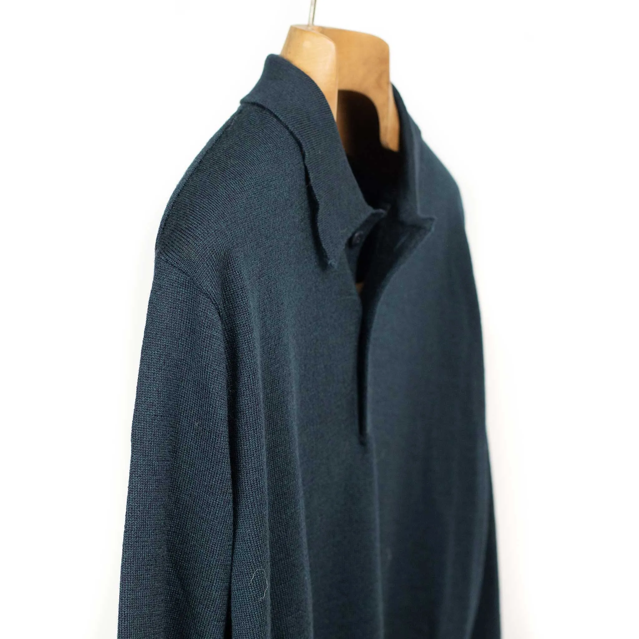 Knit long sleeve polo in petrol melange merino wool