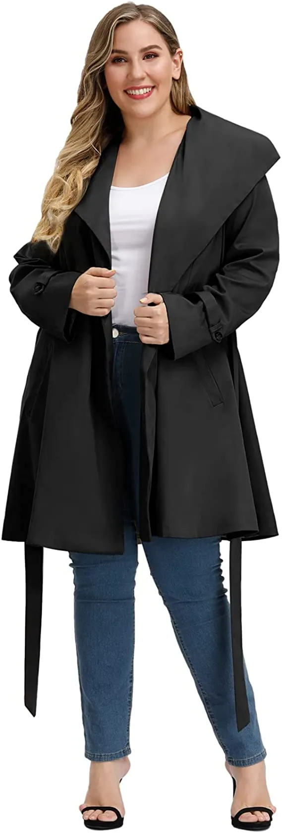 Lapel Trench Black Plus Size Coat Belted Lightweight Long Jacket