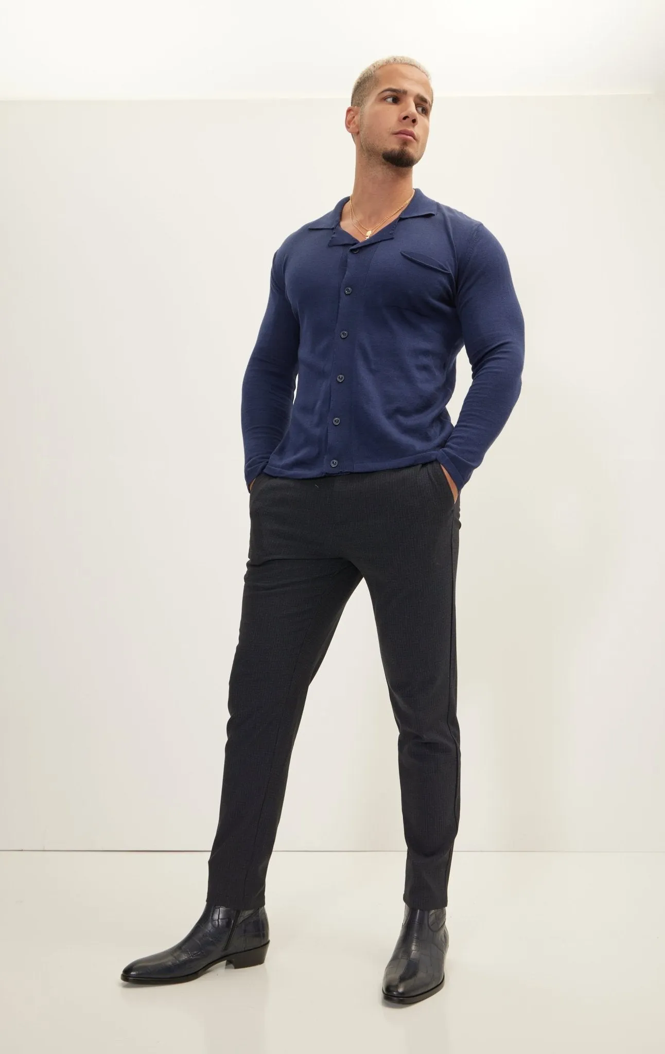 Long Sleeve Knit Button Down - Navy