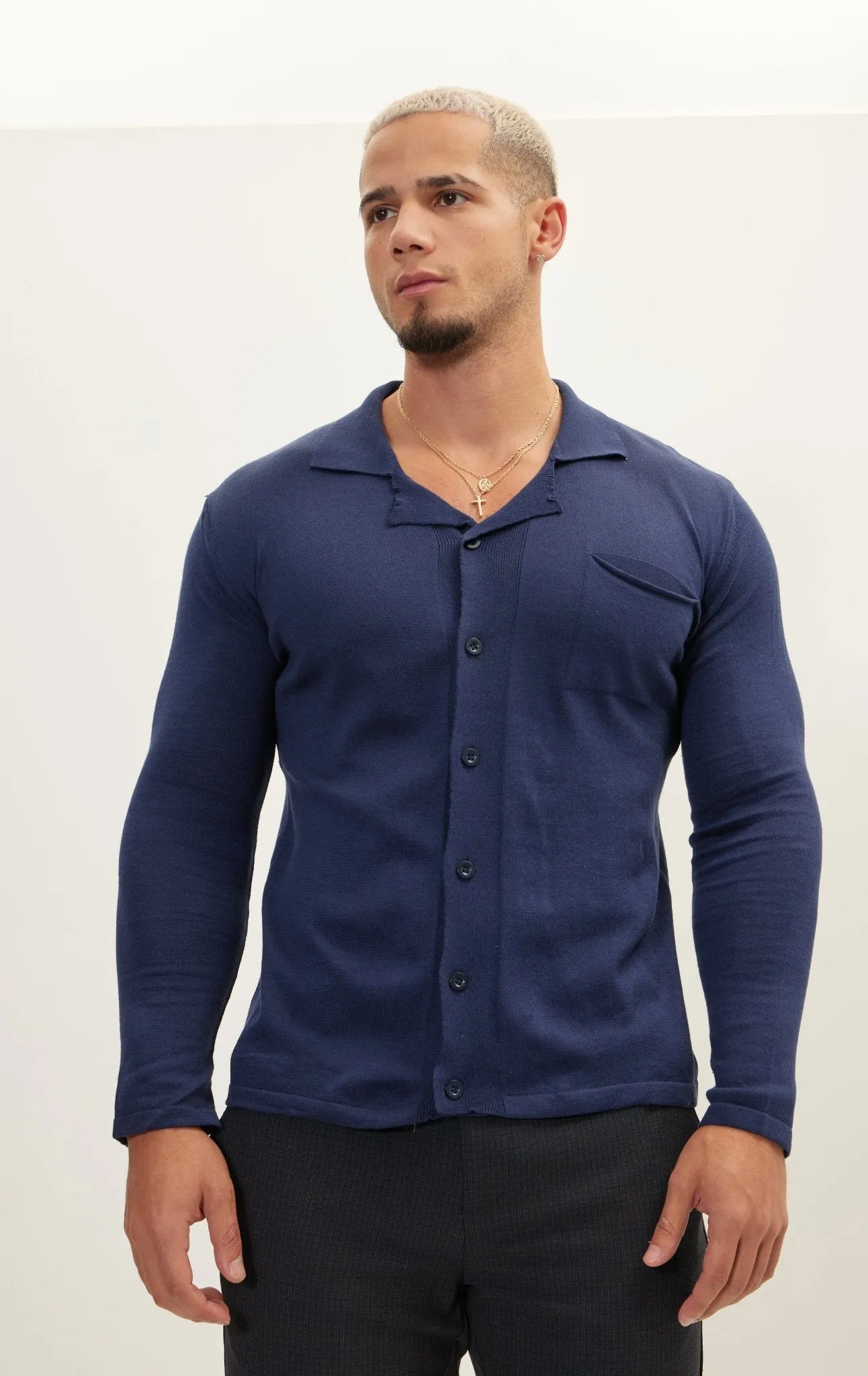 Long Sleeve Knit Button Down - Navy