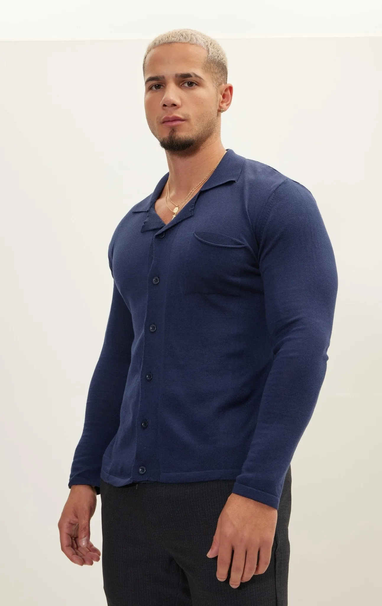 Long Sleeve Knit Button Down - Navy