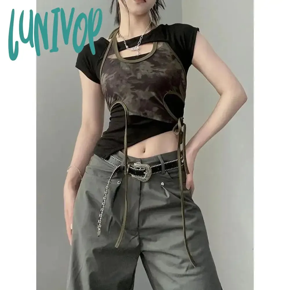 Lunivop 90s streetwear Retro Hot Girl Camouflage Printed Mesh Halter Sling Summer Slim Slimming Irregular Short Top Two-Piece Set