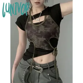 Lunivop 90s streetwear Retro Hot Girl Camouflage Printed Mesh Halter Sling Summer Slim Slimming Irregular Short Top Two-Piece Set