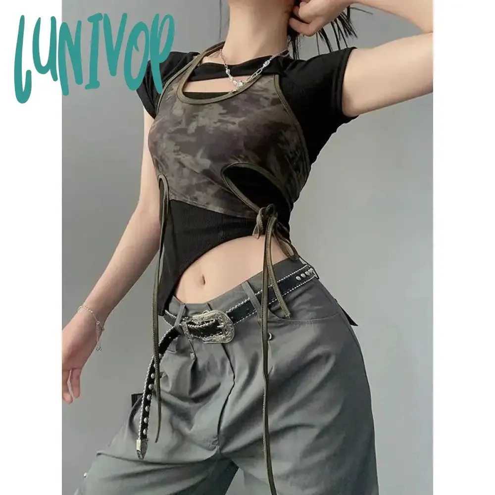 Lunivop 90s streetwear Retro Hot Girl Camouflage Printed Mesh Halter Sling Summer Slim Slimming Irregular Short Top Two-Piece Set