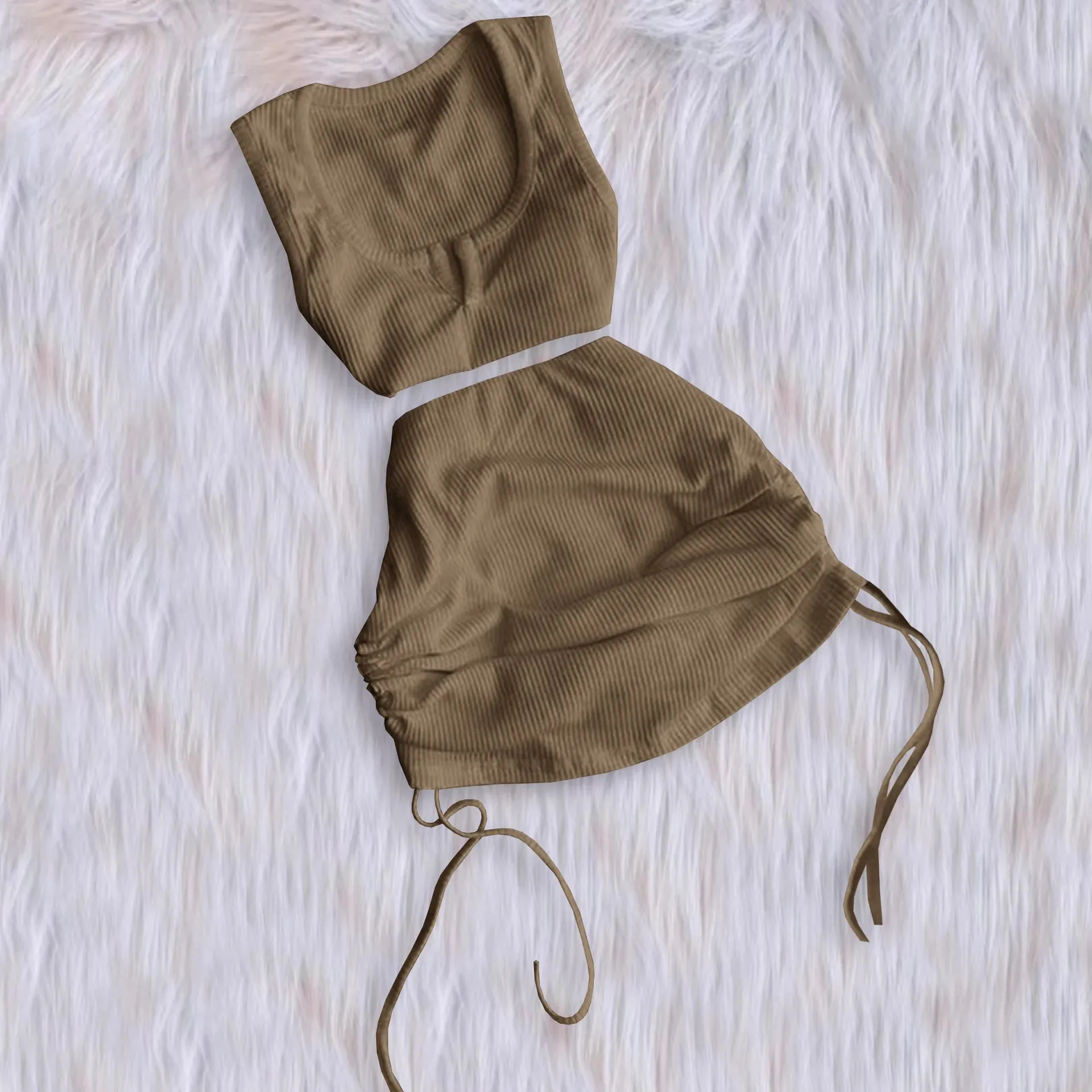 LVSANW CM.YAYA Fashion Knit Ribbed Women 2 Piece Set Outfit 2024 Summer Tank Top and Drawstring Ruched Up Midi Mini Skirt Set Tracksuit