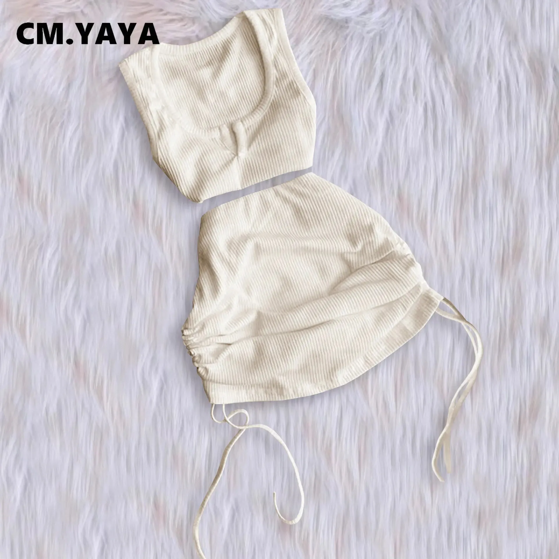 LVSANW CM.YAYA Fashion Knit Ribbed Women 2 Piece Set Outfit 2024 Summer Tank Top and Drawstring Ruched Up Midi Mini Skirt Set Tracksuit