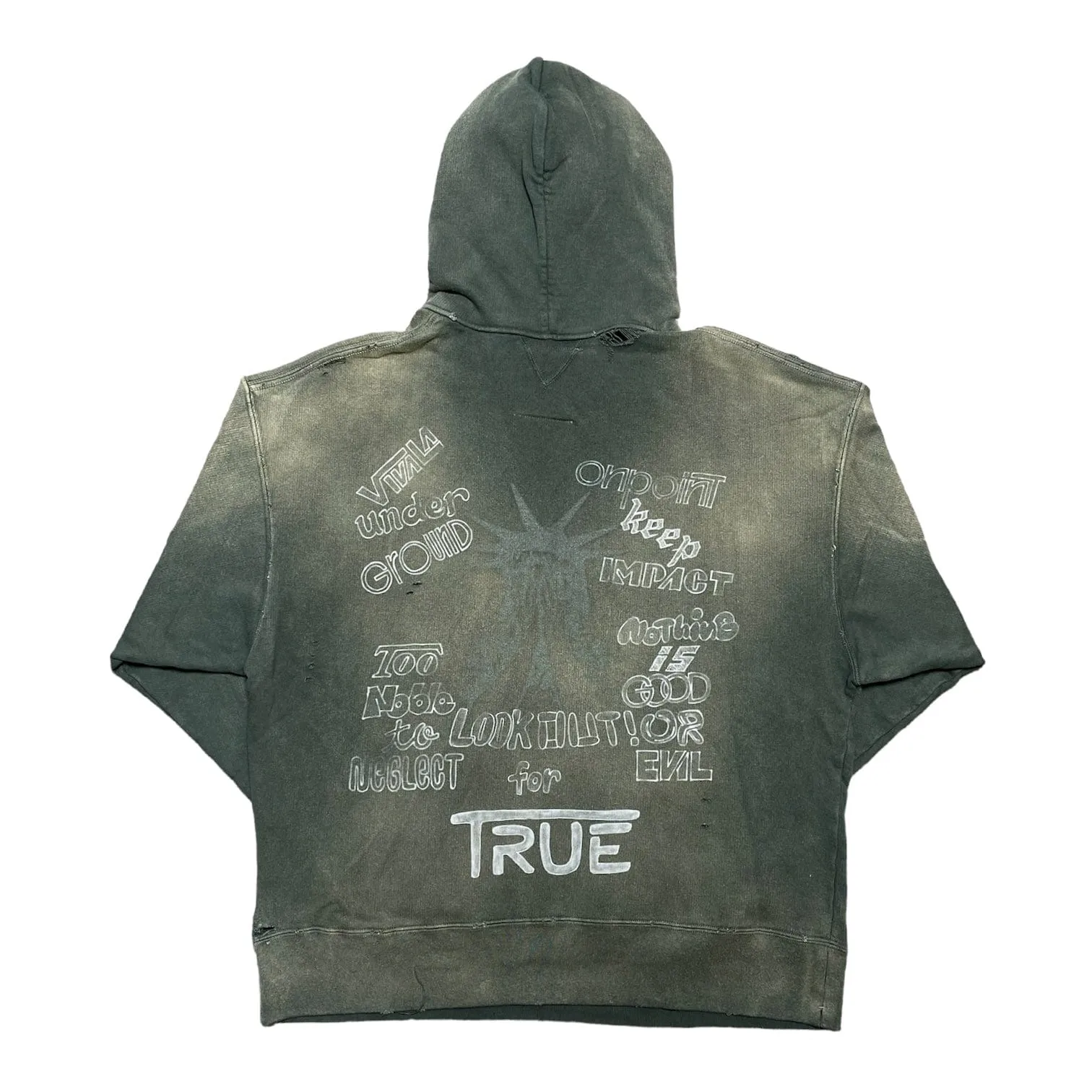 Maison Mihara Yasuhiro Distressed Smiley Face Hooded Sweatshirt Green
