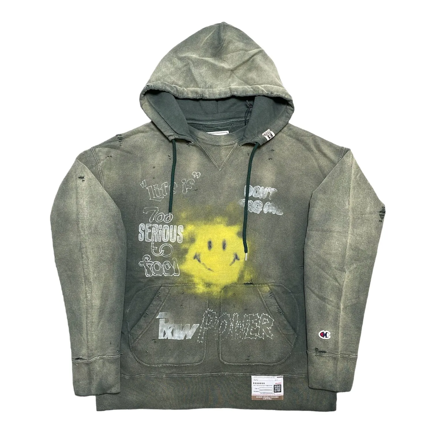Maison Mihara Yasuhiro Distressed Smiley Face Hooded Sweatshirt Green