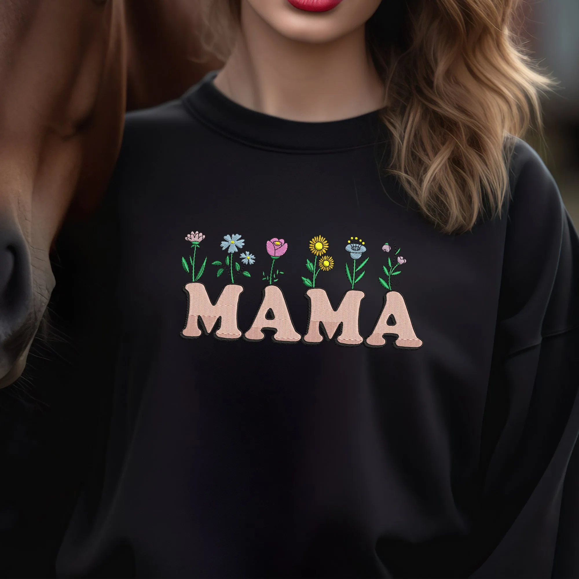 Mama Flowers Embroidered Adult Sweatshirt