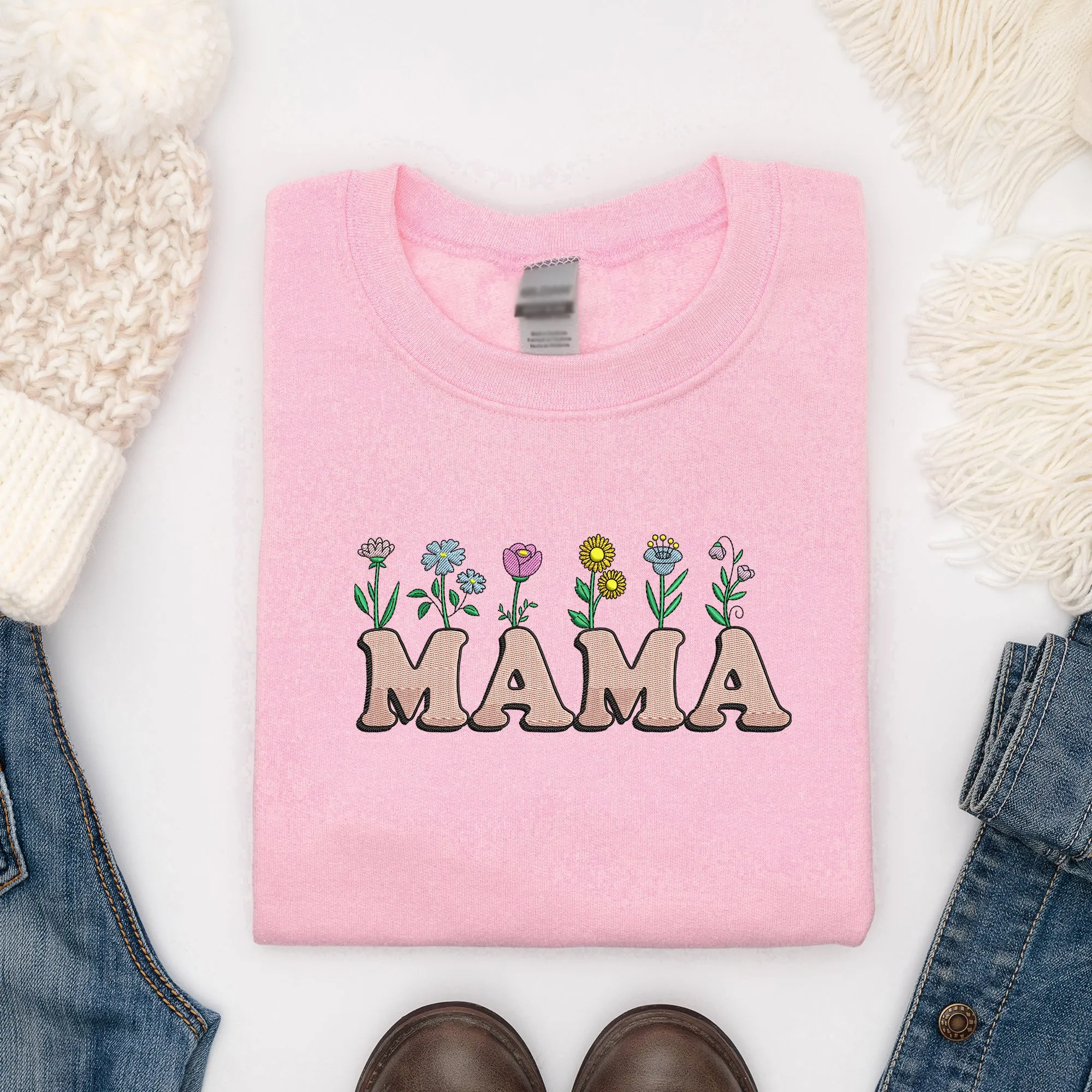 Mama Flowers Embroidered Adult Sweatshirt