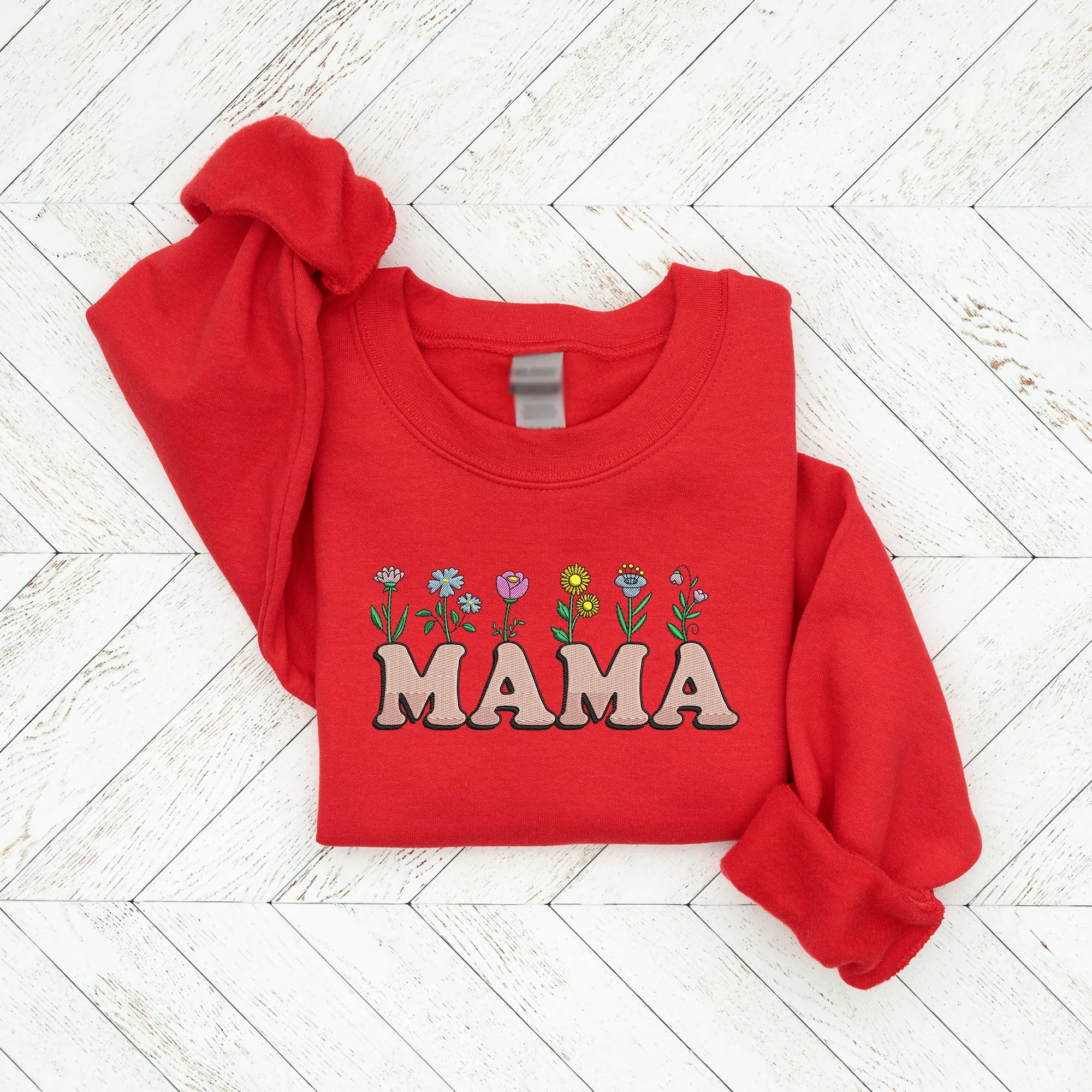 Mama Flowers Embroidered Adult Sweatshirt