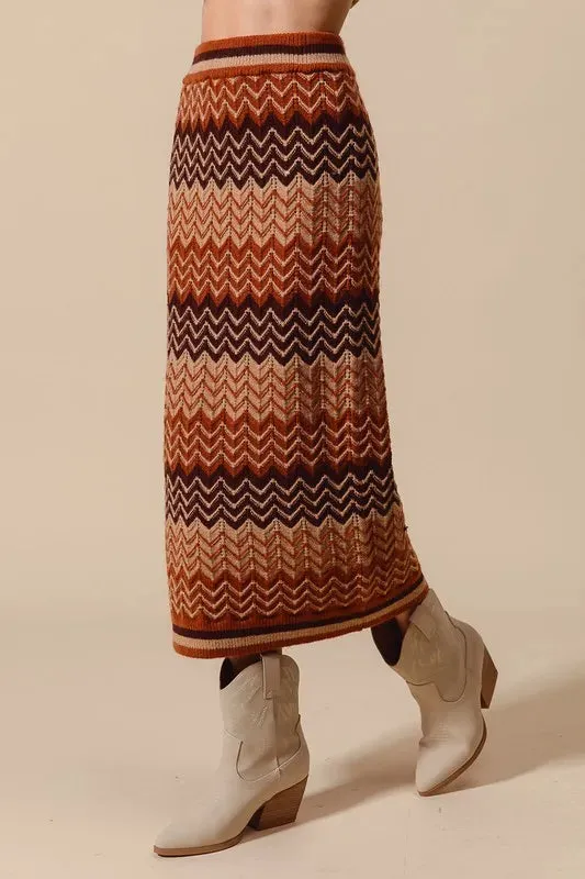 Multi Color Chevron Knit Midi Skirt