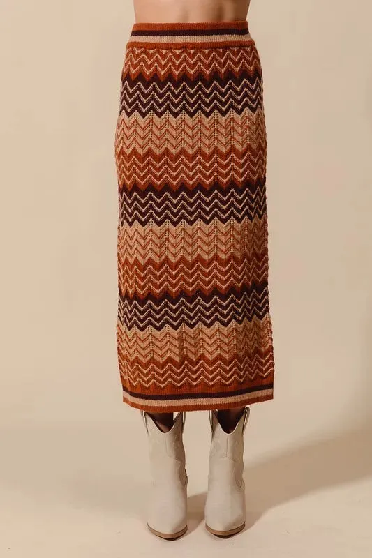 Multi Color Chevron Knit Midi Skirt