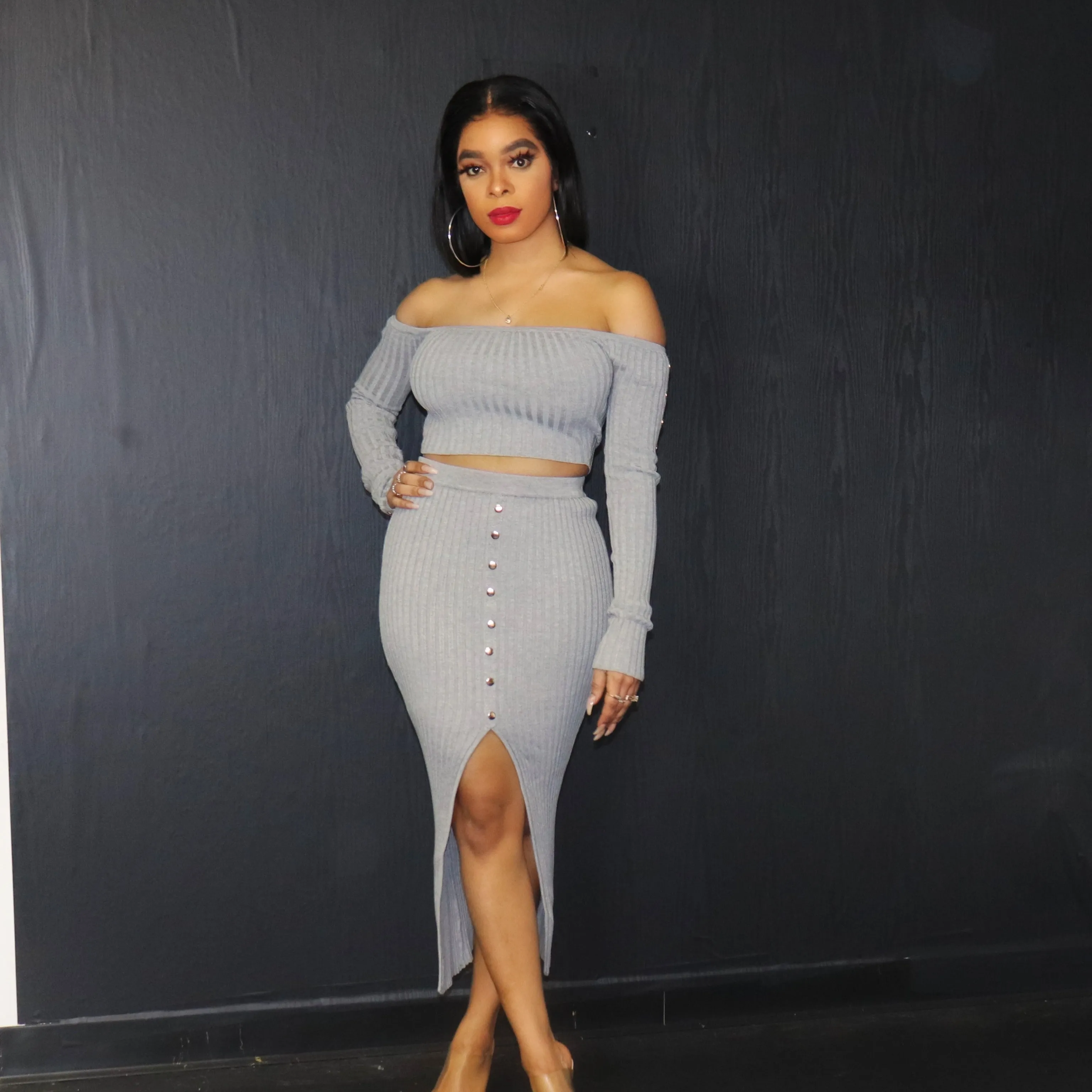 Off Shoulder Crop Top And Midi Skirt Set