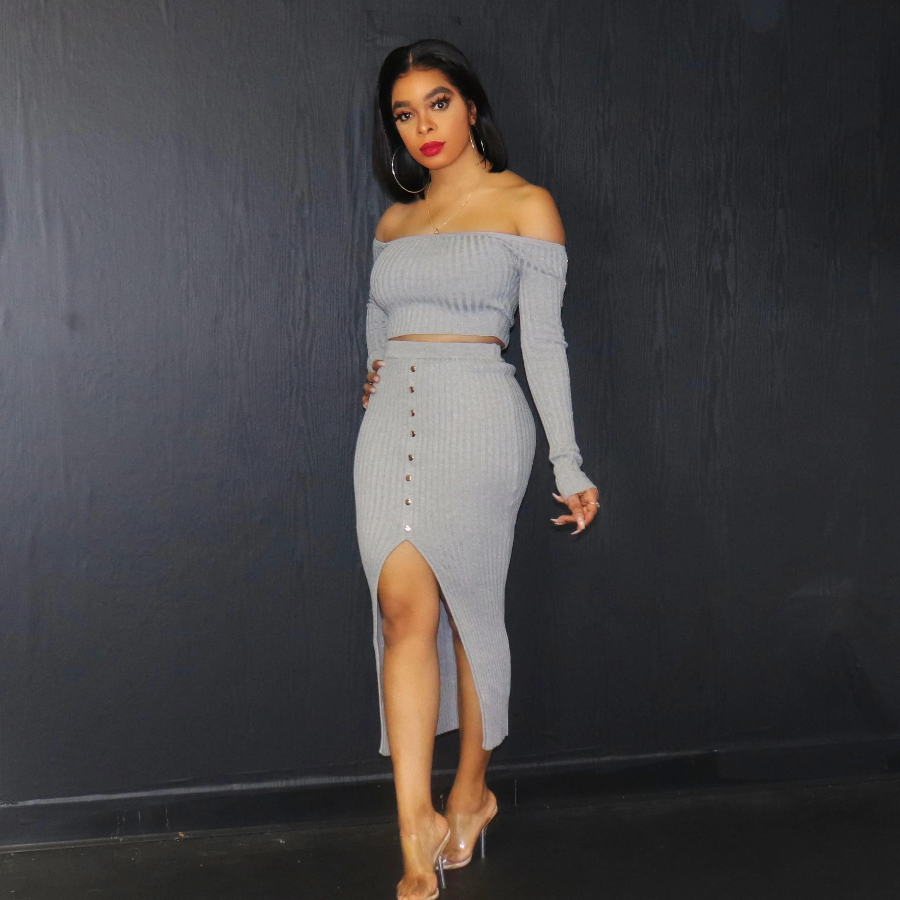 Off Shoulder Crop Top And Midi Skirt Set