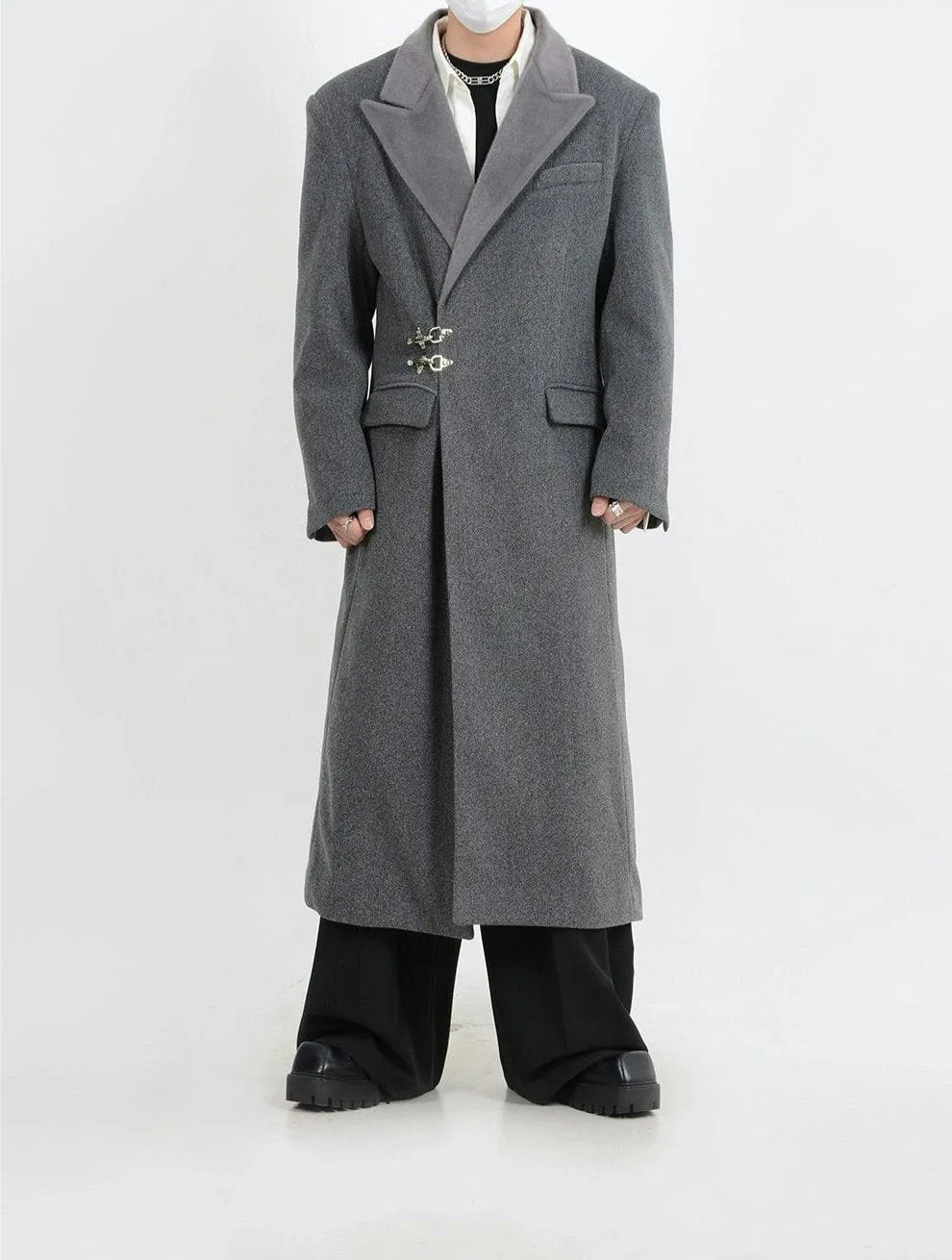 Oversized Velvet-Lapel Long Coat with Metal Buckles