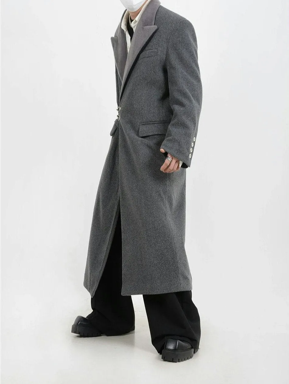 Oversized Velvet-Lapel Long Coat with Metal Buckles