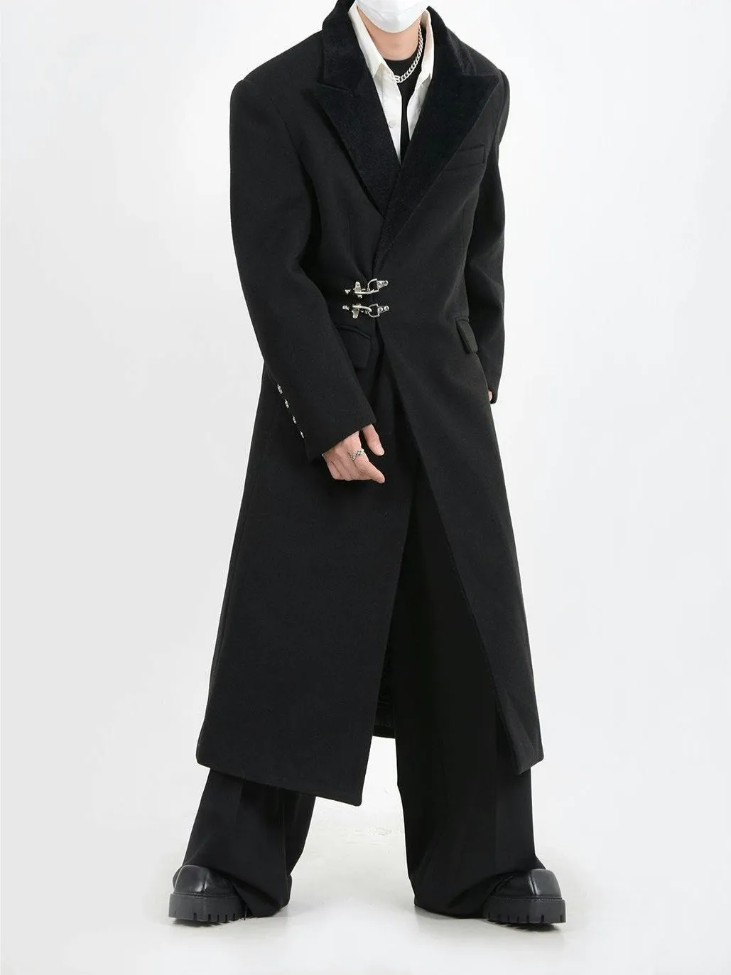Oversized Velvet-Lapel Long Coat with Metal Buckles
