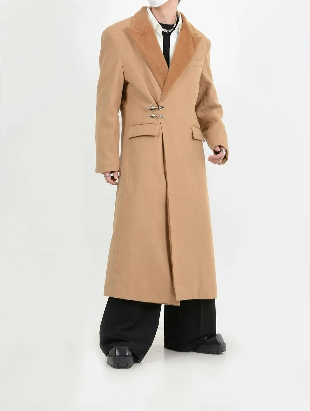Oversized Velvet-Lapel Long Coat with Metal Buckles