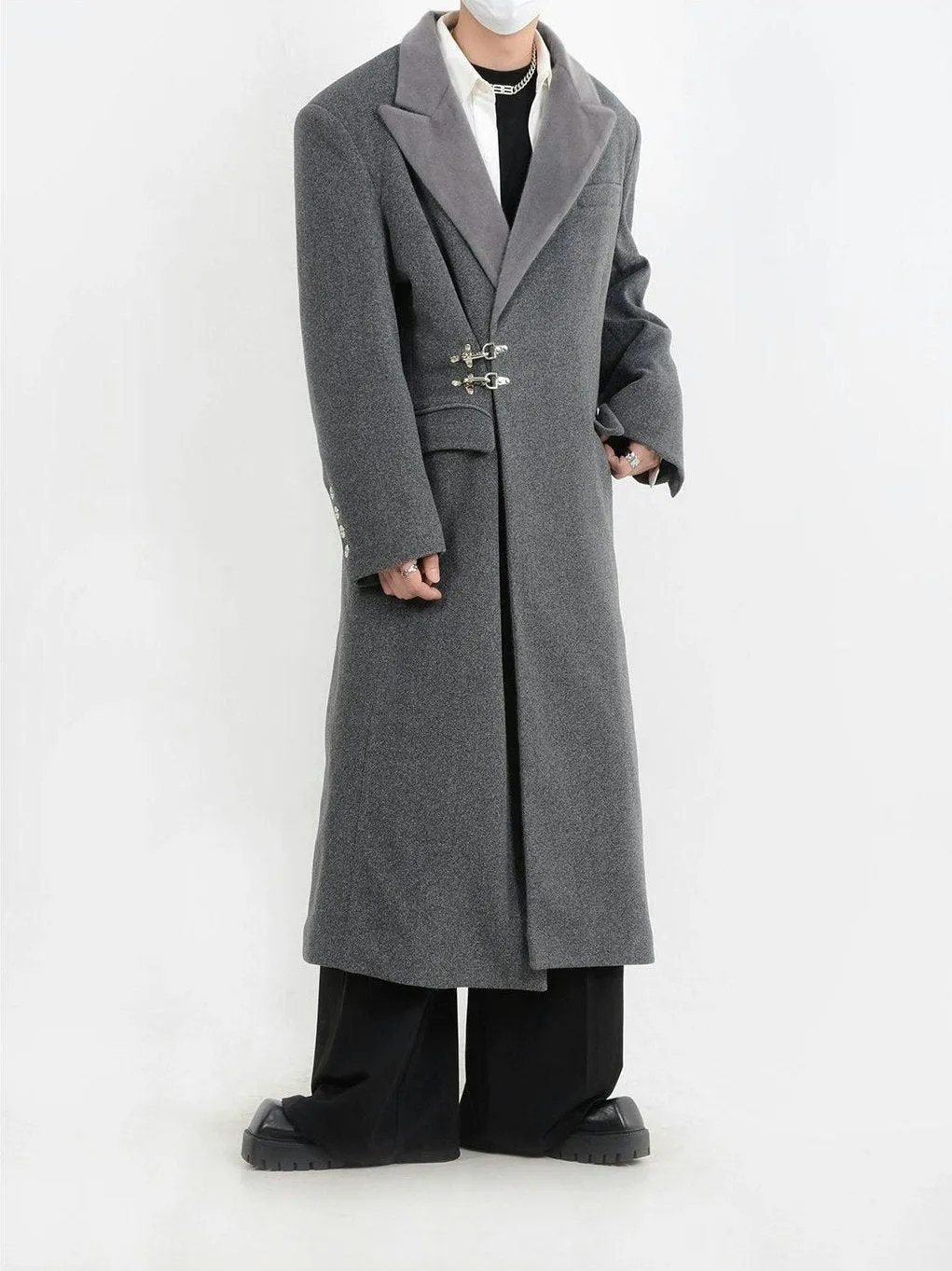Oversized Velvet-Lapel Long Coat with Metal Buckles