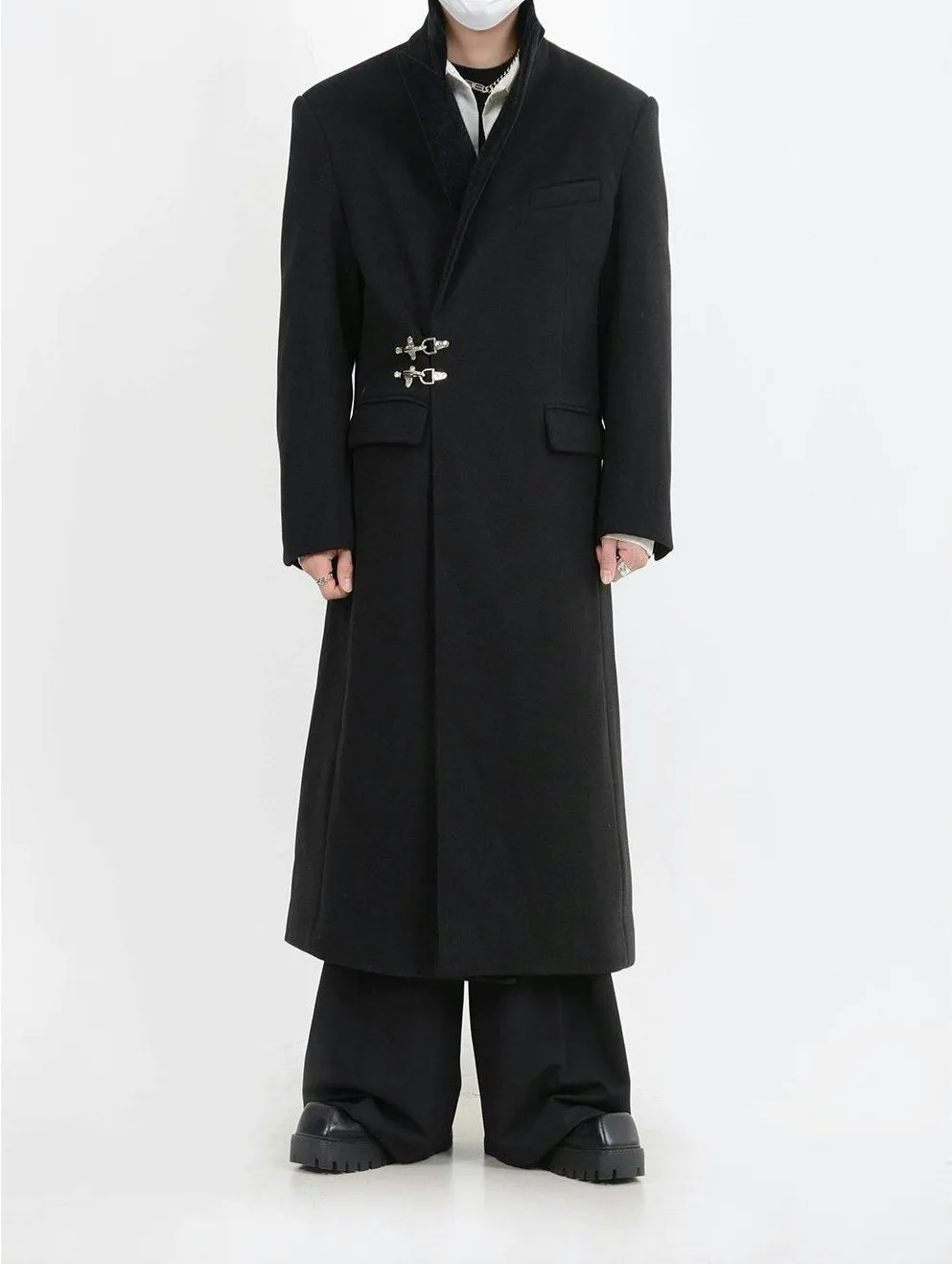 Oversized Velvet-Lapel Long Coat with Metal Buckles