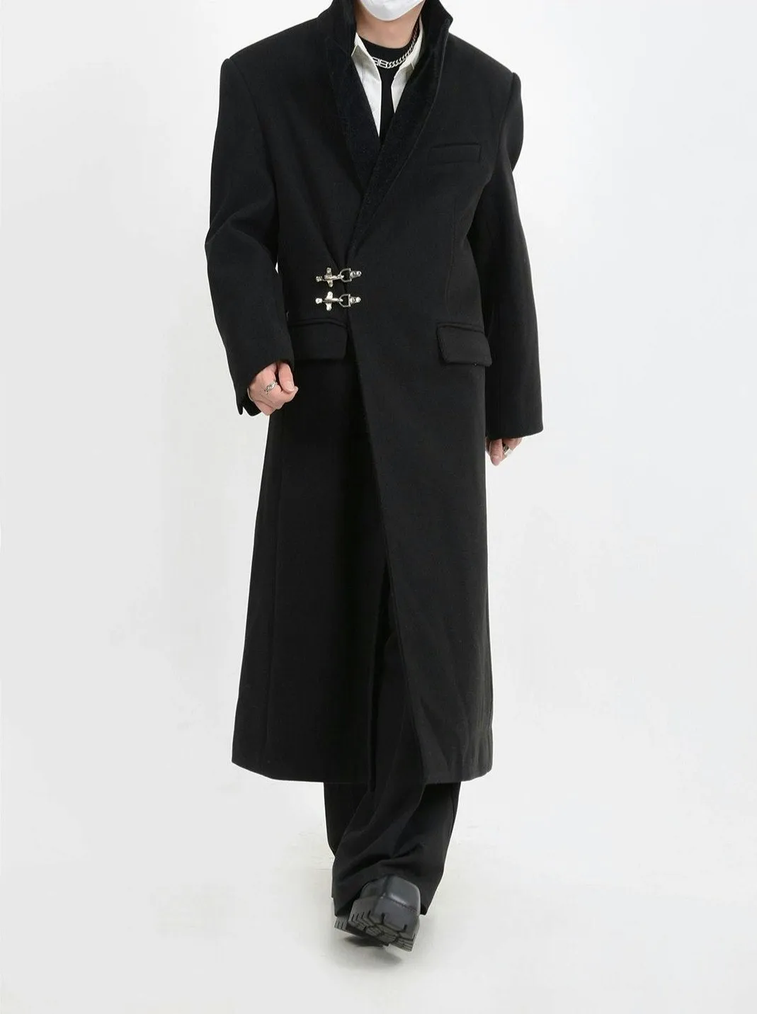 Oversized Velvet-Lapel Long Coat with Metal Buckles