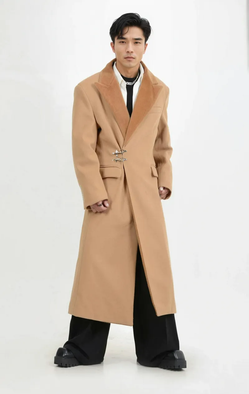 Oversized Velvet-Lapel Long Coat with Metal Buckles